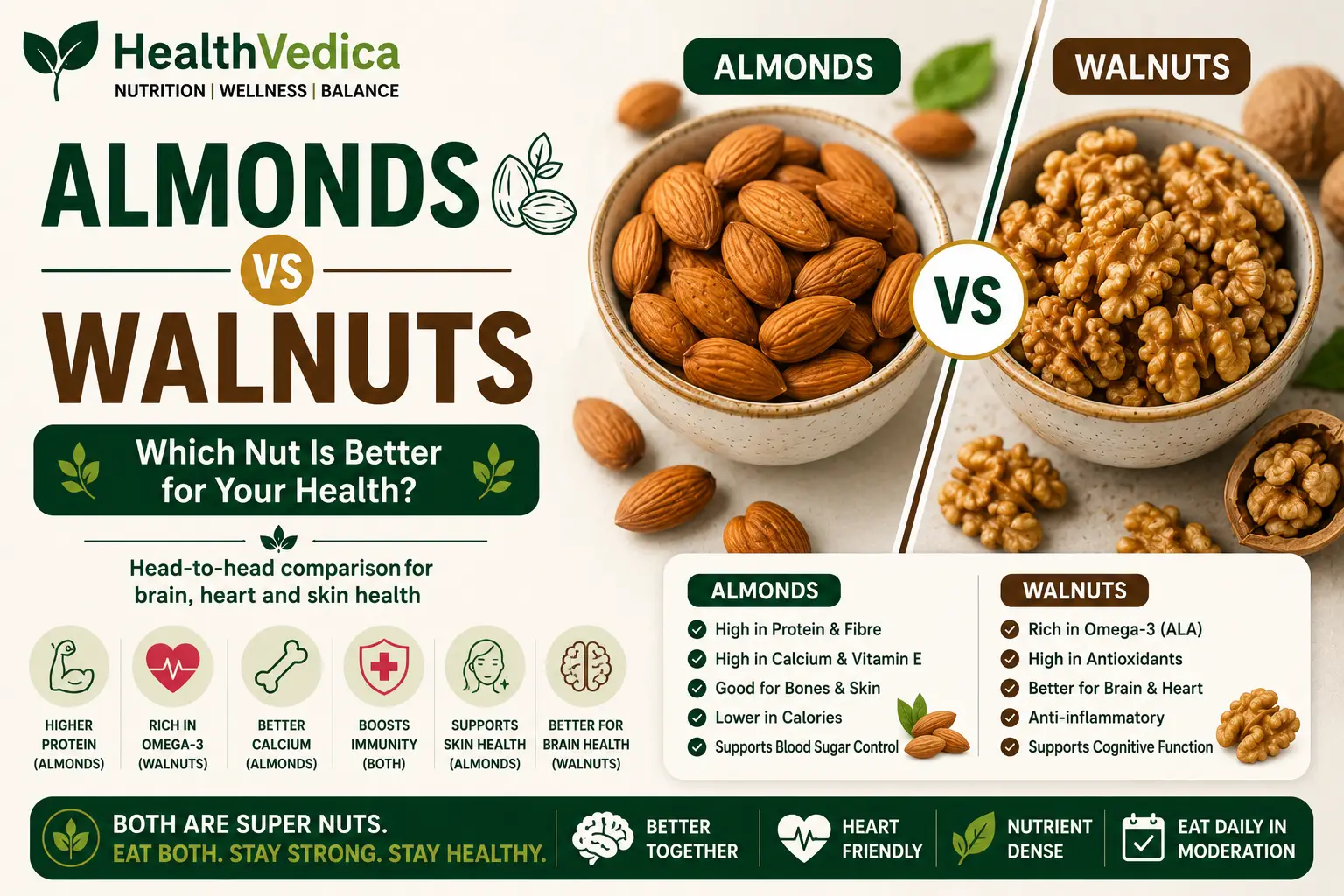 Almonds vs Walnuts Comparison — Nutrition, Health Benefits & Remedies